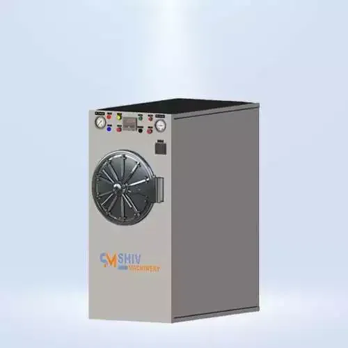 image of shiv machinery's Horizontal High-Pressure Cylindrical Steam Sterilizer front view